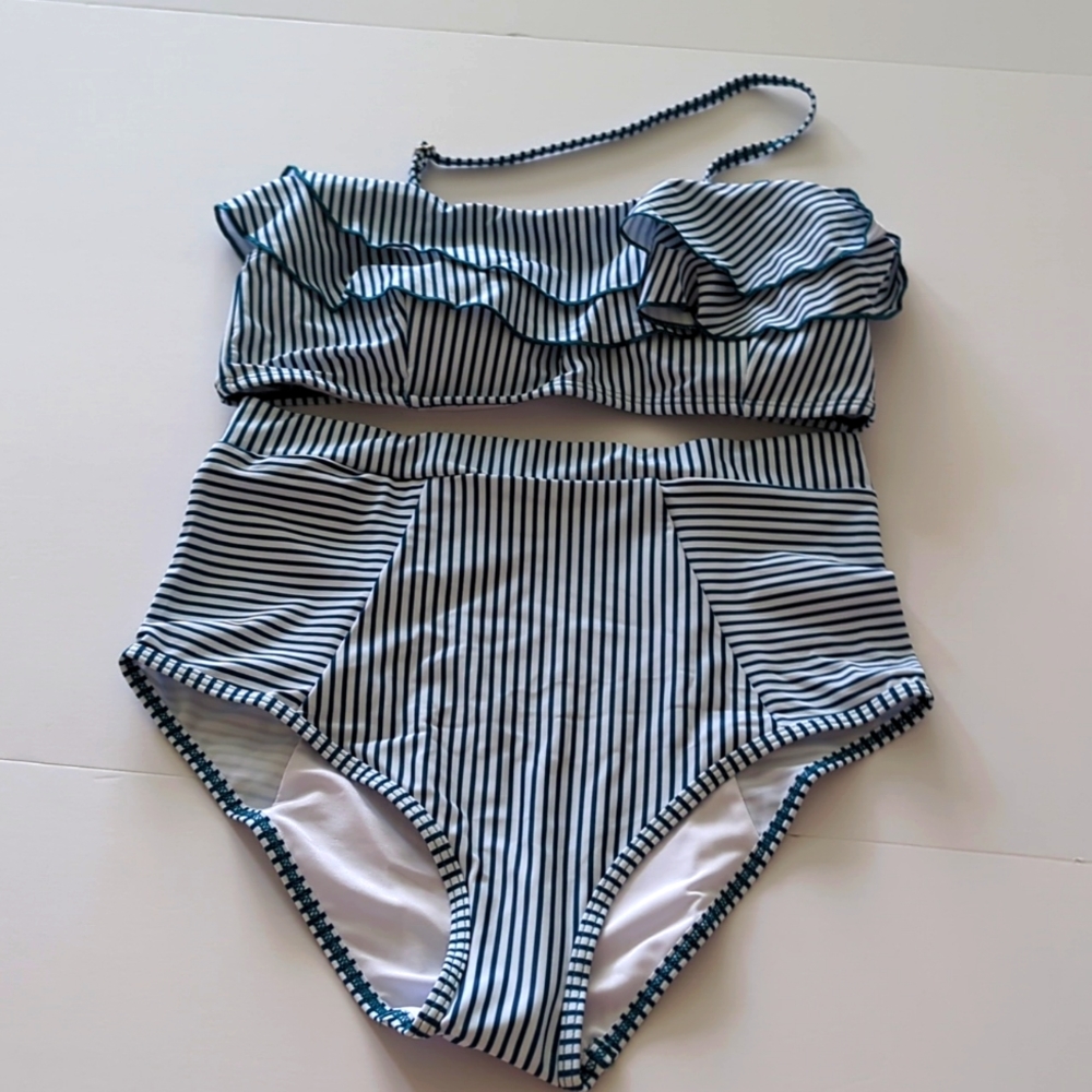 Blue & White Striped 2 Piece Women's Swim Suit Size Medium